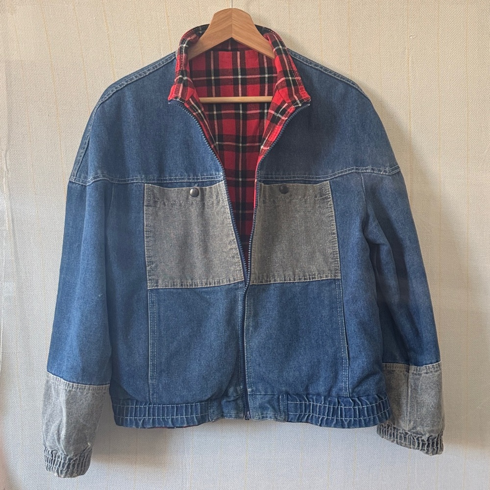 Reversible Denim Patchwork Jacket With Red Plaid … - image 1